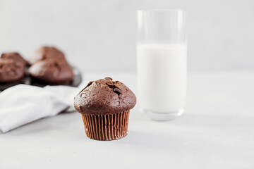 Morning concept. Homemade chocolate muffins or muffins with a glass of milk. Place for text. Homemade or bakery pastries for breakfast or celebration