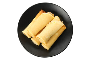 Plate with thin pancakes isolated on white background