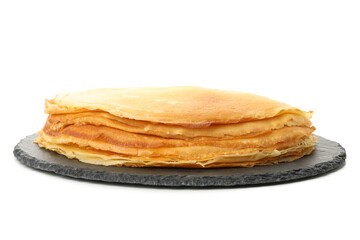 Tray with thin pancakes isolated on white background
