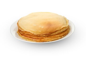 Plate with thin pancakes isolated on white background