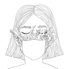 Lineart quarantine illustration girl in flower mask. Woman in a facial masque with spring flowers. Worldwide epidemic. Healthcare and ecology