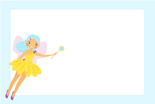 Beautiful flying fairy character. Elf princess with magic wand. Blue frame design for photos, children diplomas, kids certificate, invitations and etc