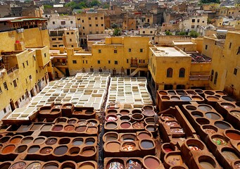 handmade leather Tannery with Fez, Morocco town overview