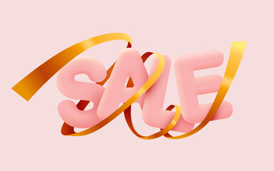Great discount sale banner or poster design on bright pink background. Sale word composition with golden confetti.