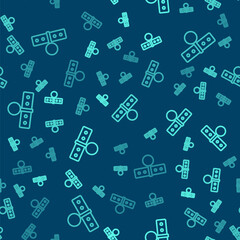 Green line Collar with name tag icon isolated seamless pattern on blue background. Simple supplies for domestic animal. Cat and dog care. Pet chains. Vector.