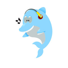 a cool cartoon-style blue dolphin wearing headphones while listening to music