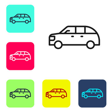 Black line Hatchback car icon isolated on white background. Set icons in color square buttons. Vector.