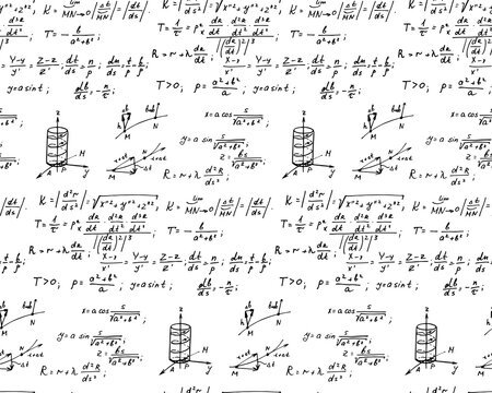 Vintage education and scientific background. Math law theory and mathematical formula, equation and outlines on whiteboard. Vector hand-drawn seamless pattern.