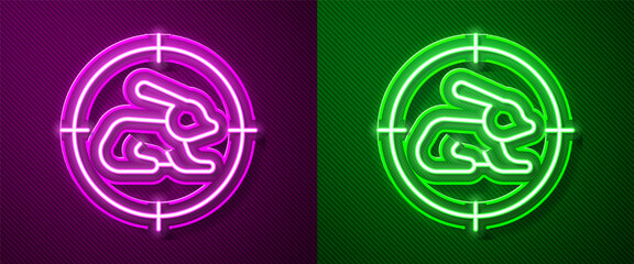 Glowing neon line Hunt on rabbit with crosshairs icon isolated on purple and green background. Hunting club logo with rabbit and target. Rifle lens aiming a hare. Vector.