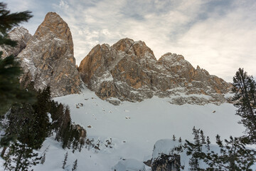 The rocky Odles in Funes Southtyrol, Italy, Dolomites by UNESCO as a serial world natural heritage in the winter