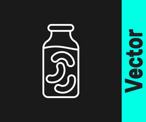 White line Pickled cucumbers in a jar icon isolated on black background. Vector.