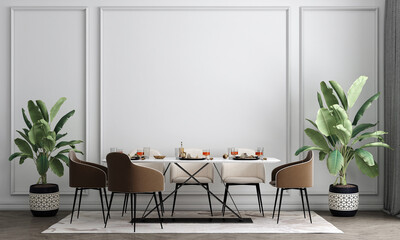 Interior design mock up of dining room with stylish modular beige chairs, wooden floor, plants, neutral room divider, decoration and elegant accessories, Modern home decor, white wall, 3D rendering