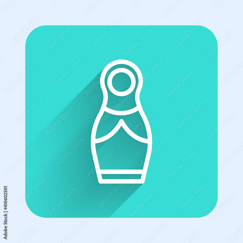 Sticker White line Russian doll matryoshka icon isolated with long shadow. Green square button. Vector.