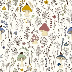 Seamless pattern. Set of colorful wild plants and fungus. - 410602714