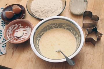 Household. The dough in a large metal mixing bowl for baking. Family holiday. To close.