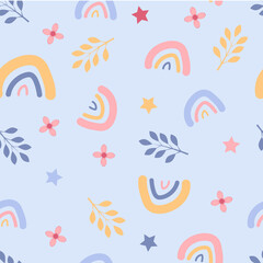 Fototapeta na wymiar Cute seamless pattern with boho rainbow and floral elements