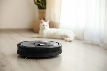 Modern robotic vacuum cleaner in room and cute white cat on background