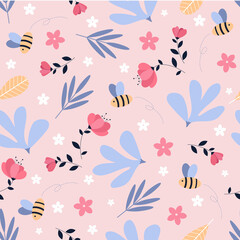 Spring garden seamless pattern concept. Cute bee and floral pattern.