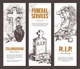 Funeral service vector hand drawn design of banners. Sketch illustration for condolence card and advertising of columbarium and cemetry with urn for ashes, vintage tombstone angel, wreath, cross with 