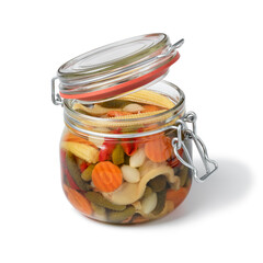 Glass jar with homemade pickled vegetable mix isolated on white background