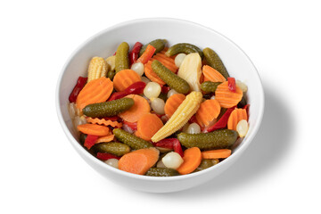 White bowl with homemade pickled vegetable mix close up