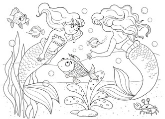 Naklejka premium The little mermaid. Fairy tale. Coloring page. Illustration for children. Cute and funny cartoon characters