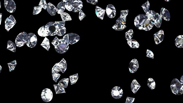 3D slow motion animation of the falling shining diamonds rendered in UHD with alpha matte - Powered by Adobe