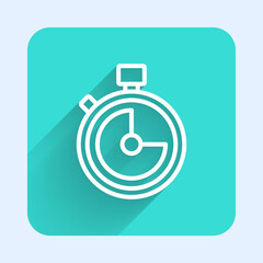 White line Stopwatch icon isolated with long shadow. Time timer sign. Chronometer sign. Green square button. Vector.