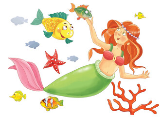 The little mermaid. Fairy tale. Coloring page. Illustration for children. Cute and funny cartoon characters