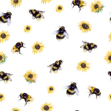 Seamless cartridges with bumblebees and bees on a white background. Insect pattern. Honey pattern. Design for your packaging, wallpaper, fabric and more