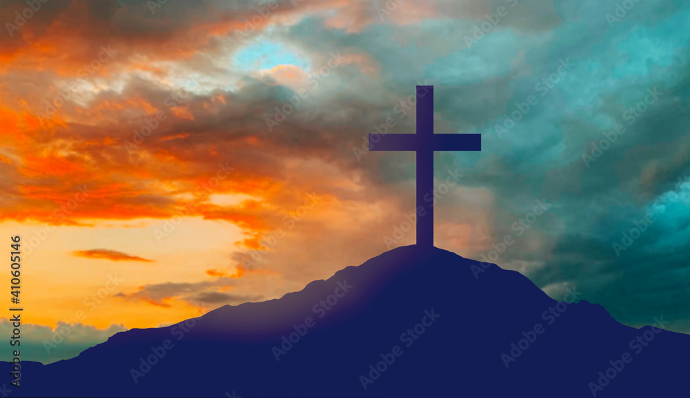 Wall mural crucifixion, religion and christianity concept - silhouette of cross on calvary hill over sky backgr - Wall murals