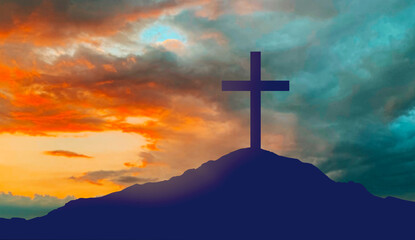 crucifixion, religion and christianity concept - silhouette of cross on calvary hill over sky...