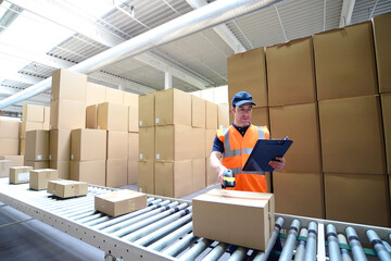 Arbeiter in der Logistik am Fliessband mit Paketen - Barcode scannen für Versand und Transport -...
