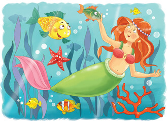 Naklejka na ściany i meble The little mermaid. Fairy tale. Coloring page. Illustration for children. Cute and funny cartoon characters