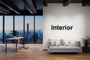 modern clean office waiting area reception with skyline view, wall with interior lettering, 3D Illustration
