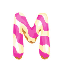 Cartoon cookies font. letter baking in colored glaze. Creative gingerbread typography design. Childhood sweet donut. Letter M