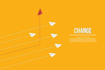 Think differently concept. Red airplane changing direction. 
