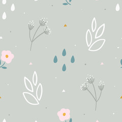 Kids cute pastel seamless pattern for print, textile, wrapping paper. Modern stylized kids background with leaves, and rain. - 410606322