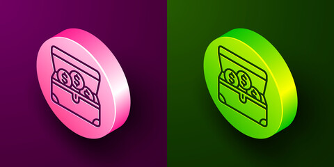 Fototapeta premium Isometric line Treasure chest icon isolated on purple and green background. Circle button. Vector.