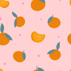 Orange seamless pattern for textile, wrapping paper, fabric. Modern pink kids background with fruits. 