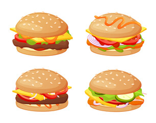 Set of burger with different ingredients. Collection of isolated your burger and sandwich. Cute hand drawn in colorful style