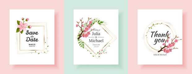Naklejka na ściany i meble Set of sakura flowers backgrounds. Floral wedding invitation cards template design. Holiday invitation, greeting cards and fashion design