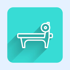 White line Bench with barbel icon isolated with long shadow. Gym equipment. Bodybuilding, powerlifting, fitness concept. Green square button. Vector.