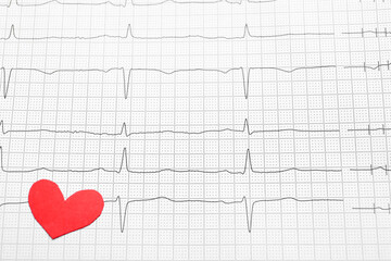 Red paper heart on cardiogram report, above view