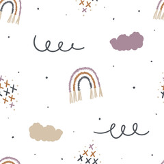 Kids boho seamless pattern with rainbows for print, textile, wrapping paper, apparel design. Modern cute white background.