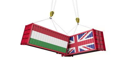 UK and hungary business trade deal. Clashing cargo containers. 3D Render