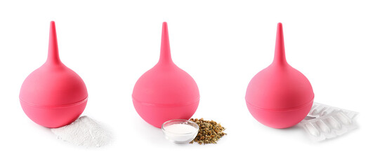 Set with pink enemas on white background, banner design