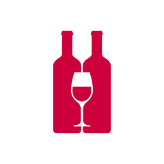 Logotipo con silueta de copa de vino sobre dos botellas de vino en color granate