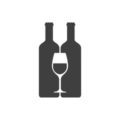 Logotipo con silueta de copa de vino sobre dos botellas de vino en color gris
