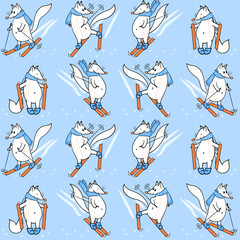 Seamless pattern with white foxes in blue scarves on skis with dark outline. Animalistic vector background. Orange, red and blue tones. Can be used for wallpapers, pattern fills, textile